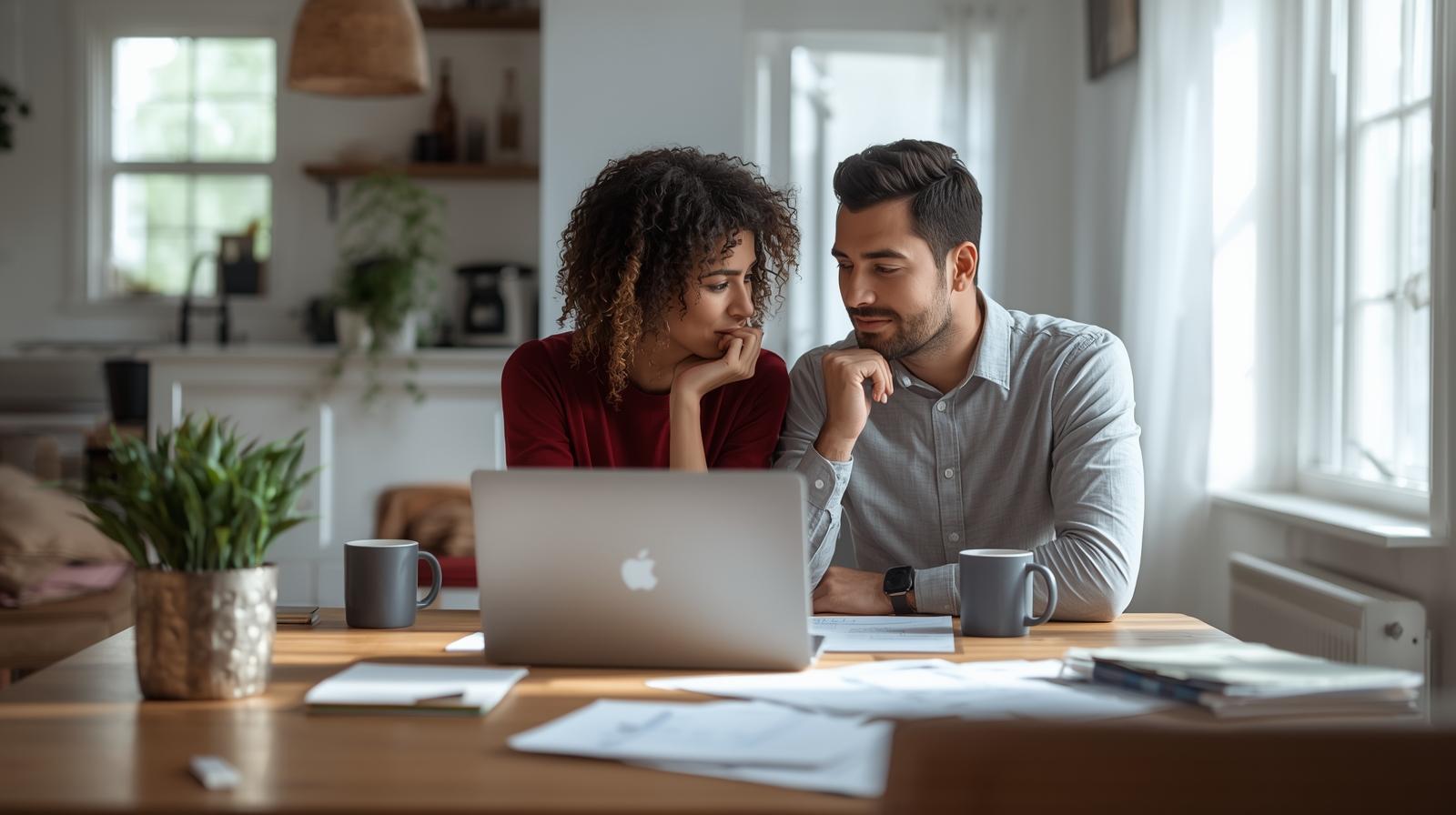 Couple reviewing mortgage paperwork at home while comparing local lender and big bank loan options in Virginia and West Virginia.