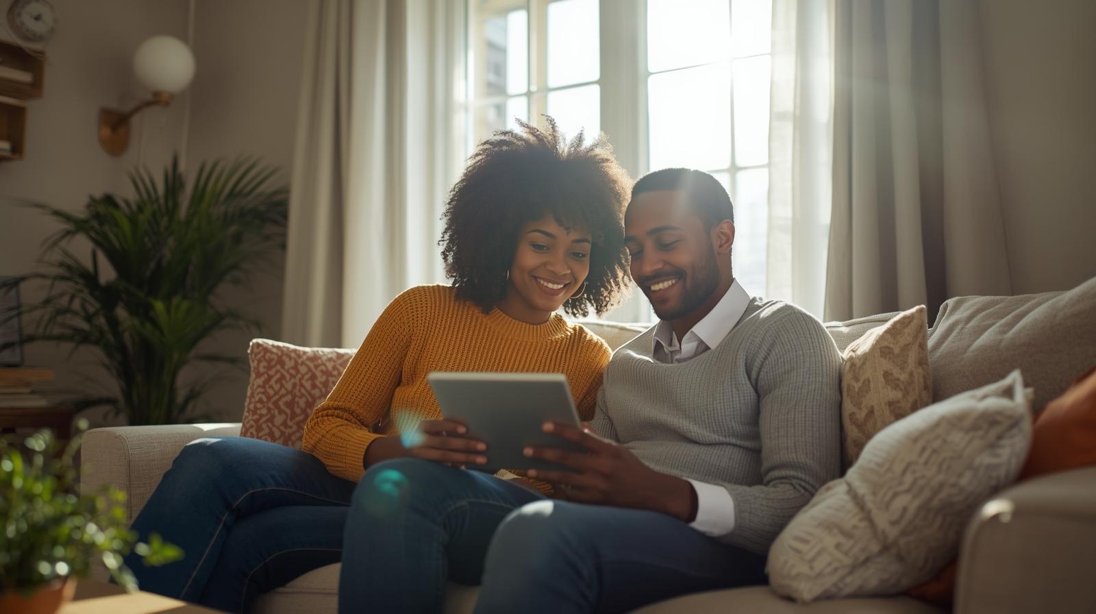 Couple reviewing home buying budget and mortgage pre approval in a cozy living room