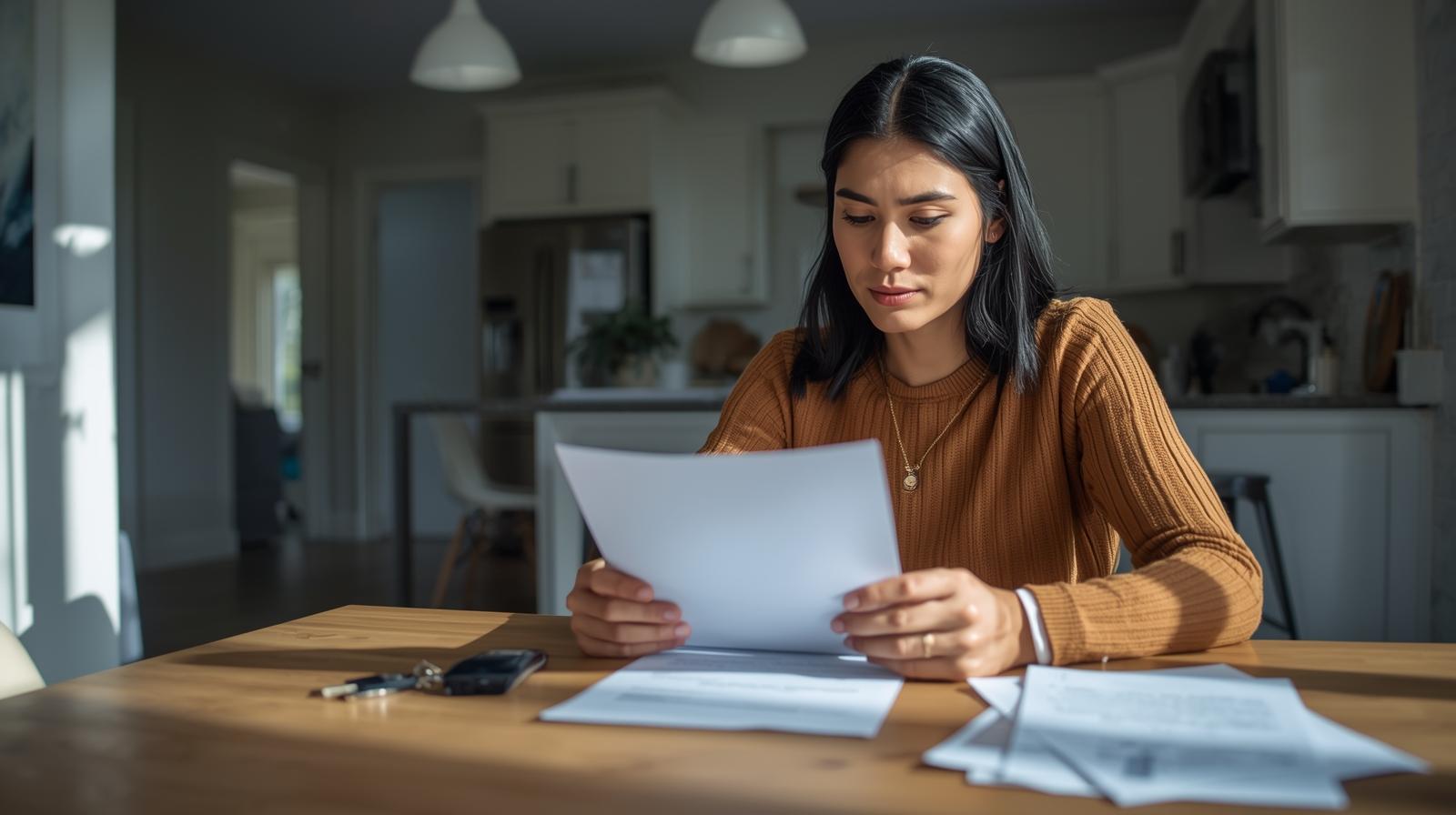 Home buyer reviewing mortgage paperwork during the contract period to avoid common financing mistakes
