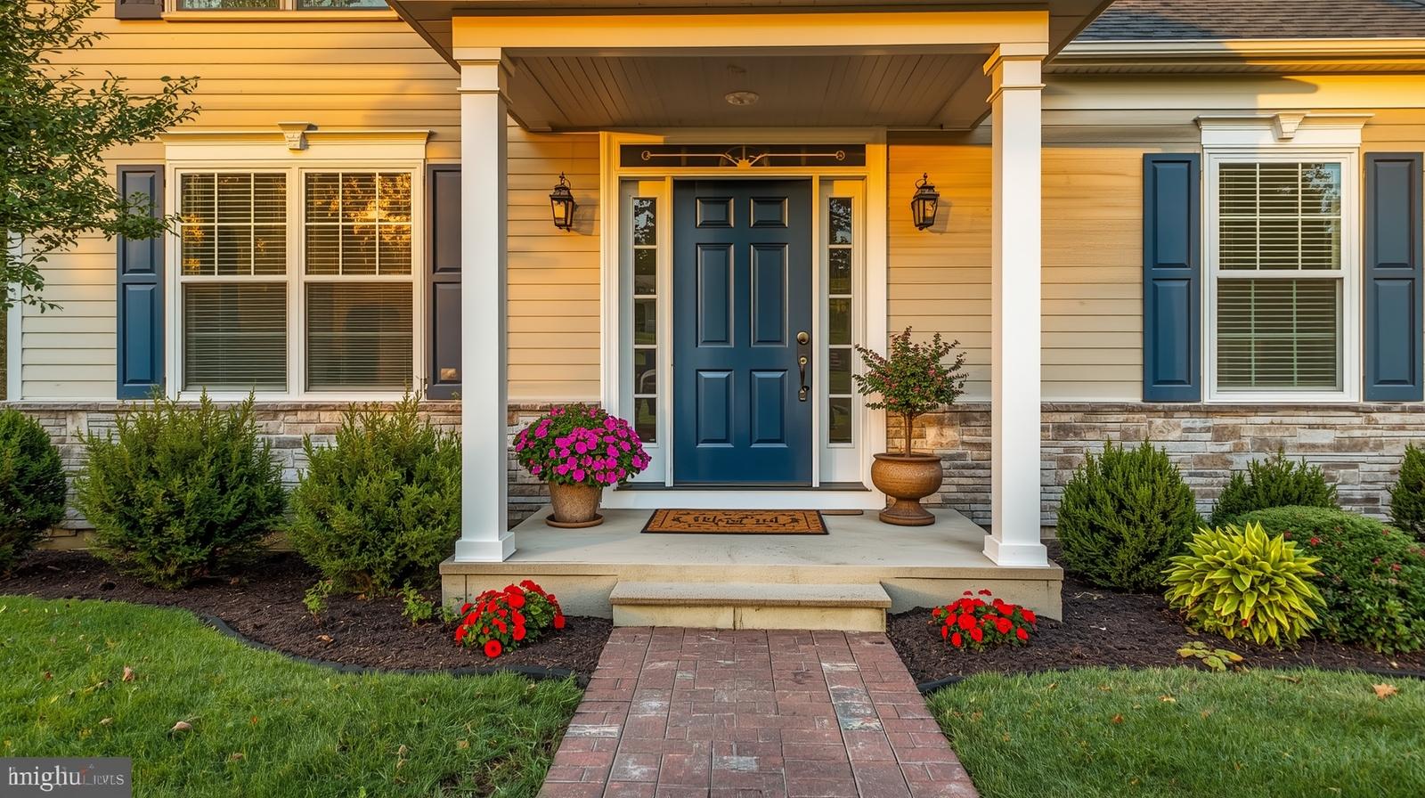Beautifully staged home exterior in Winchester VA prepared for a successful open house with fresh landscaping and navy front door.