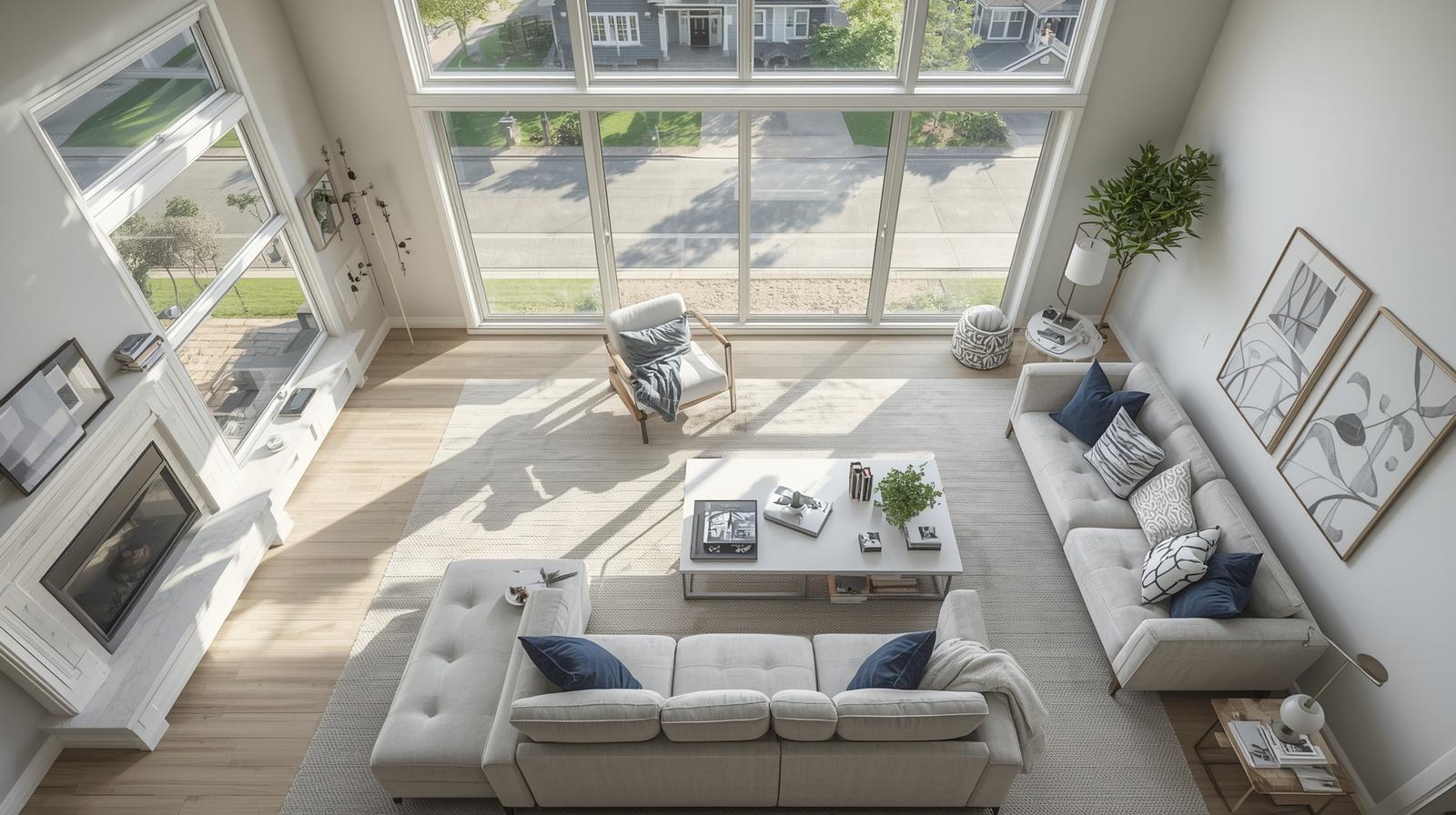 Comparison of a staged versus cluttered living room showing common home seller mistakes