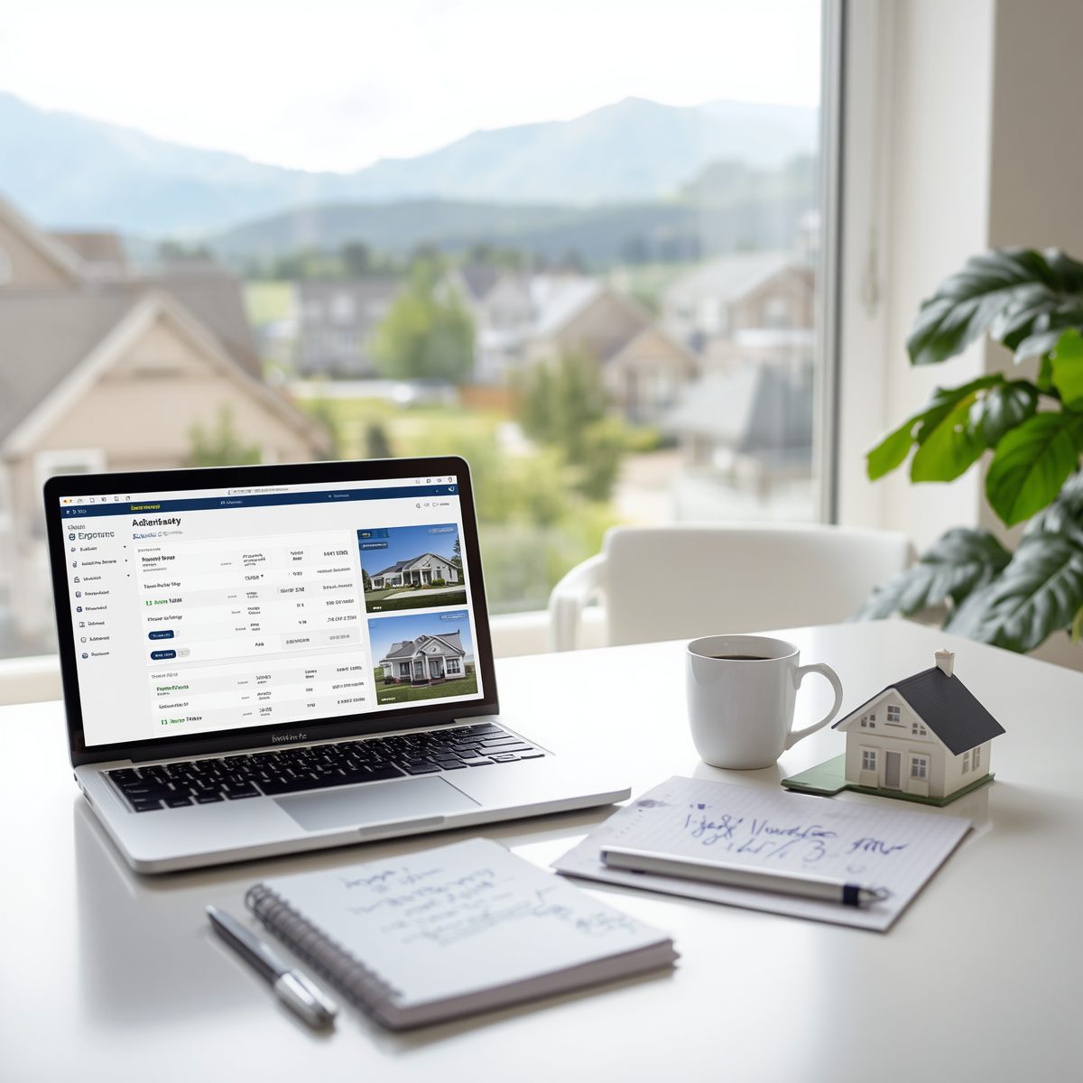 Real estate investing workspace with laptop, notes, and model home in a bright Shenandoah Valley setting