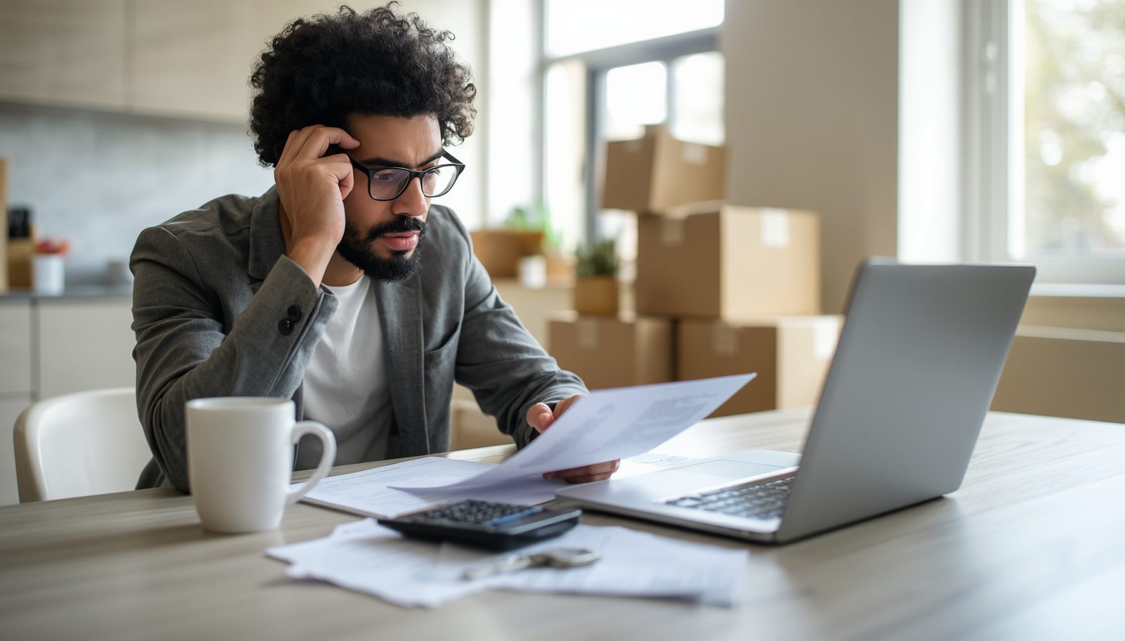 First-time homebuyer reviewing hidden homeownership expenses and closing costs at a kitchen table before purchasing a house.