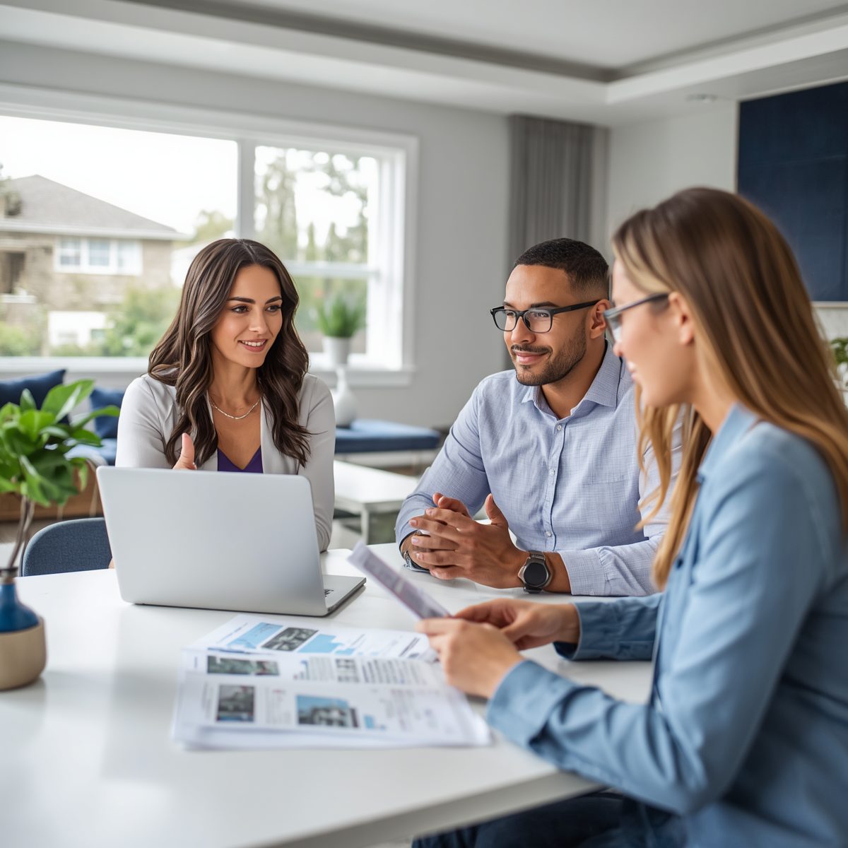 Professional Realtor discussing strategic home pricing with sellers using market data and comparable sales reports in a modern home setting.