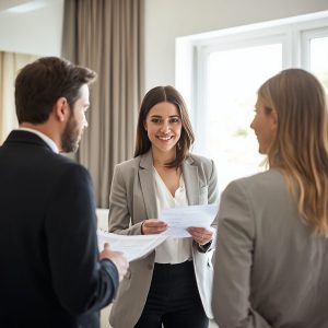 Professional Realtor consulting with homeowners about preparing their home for sale before listing it on the market.