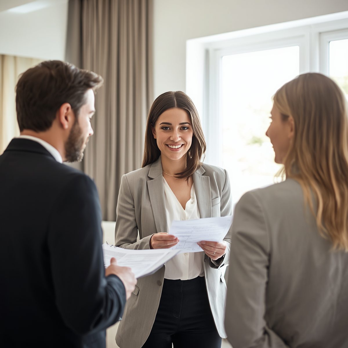 Professional Realtor consulting with homeowners about preparing their home for sale before listing it on the market.