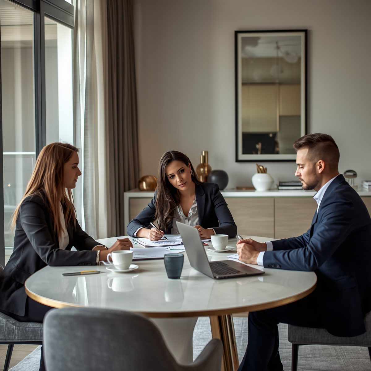 Professional real estate negotiation meeting discussing contracts, strategy, pricing, inspections, and home sale terms in Winchester Virginia.