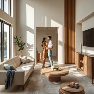 Buyers touring a beautifully staged home during a real estate showing with emphasis on emotional connection and first impressions