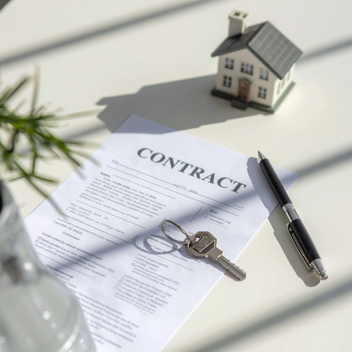 Real estate closing table with house keys, contract documents, and small home model representing the home buying process after going under contract