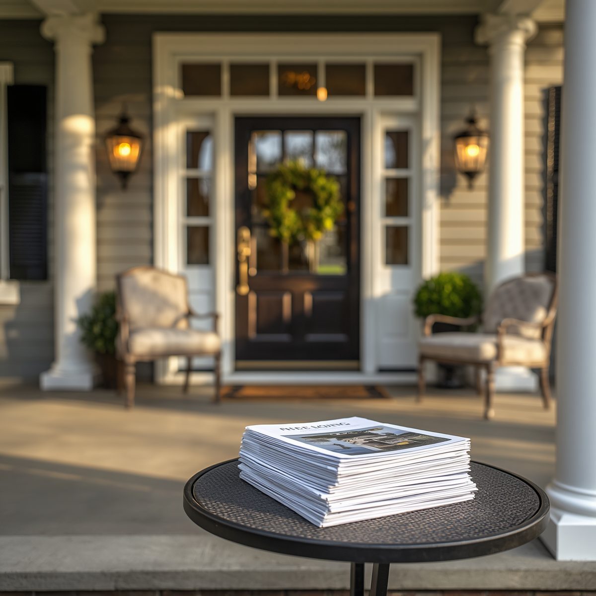 Home selling documents displayed on a front porch table, illustrating the planning, paperwork, and decisions involved in selling a home without a Realtor.