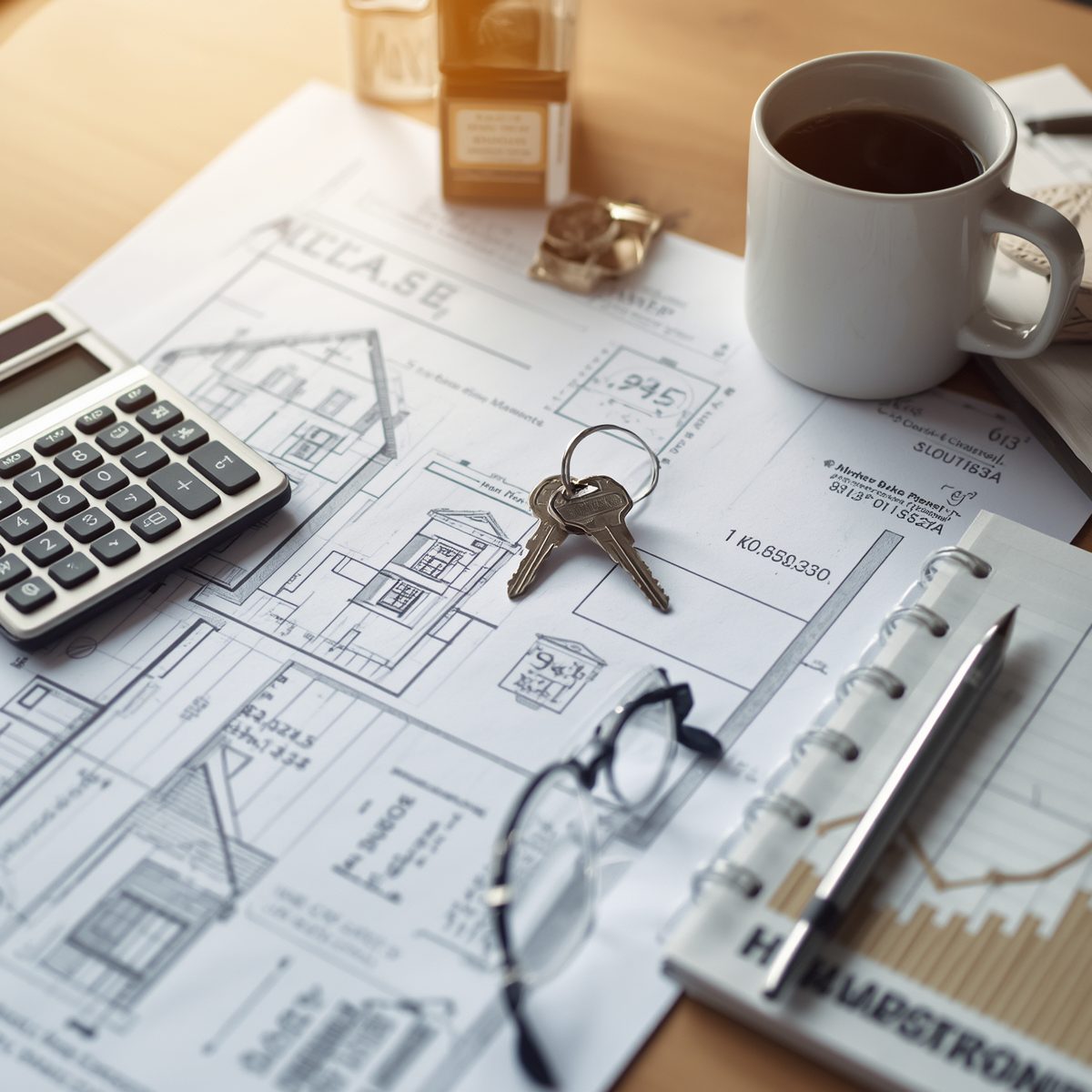 Budget planning materials, mortgage documents, calculator, and house keys illustrating how much home buyers can afford versus what they should spend.