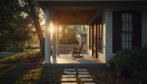 Peaceful front porch of a welcoming home representing the emotional journey of buying and selling real estate.