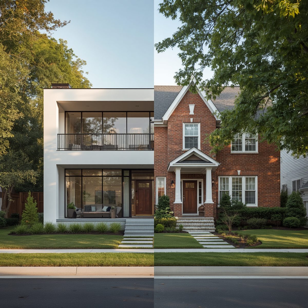 Comparison of a newly built home and an established existing home with mature landscaping in a residential neighborhood.