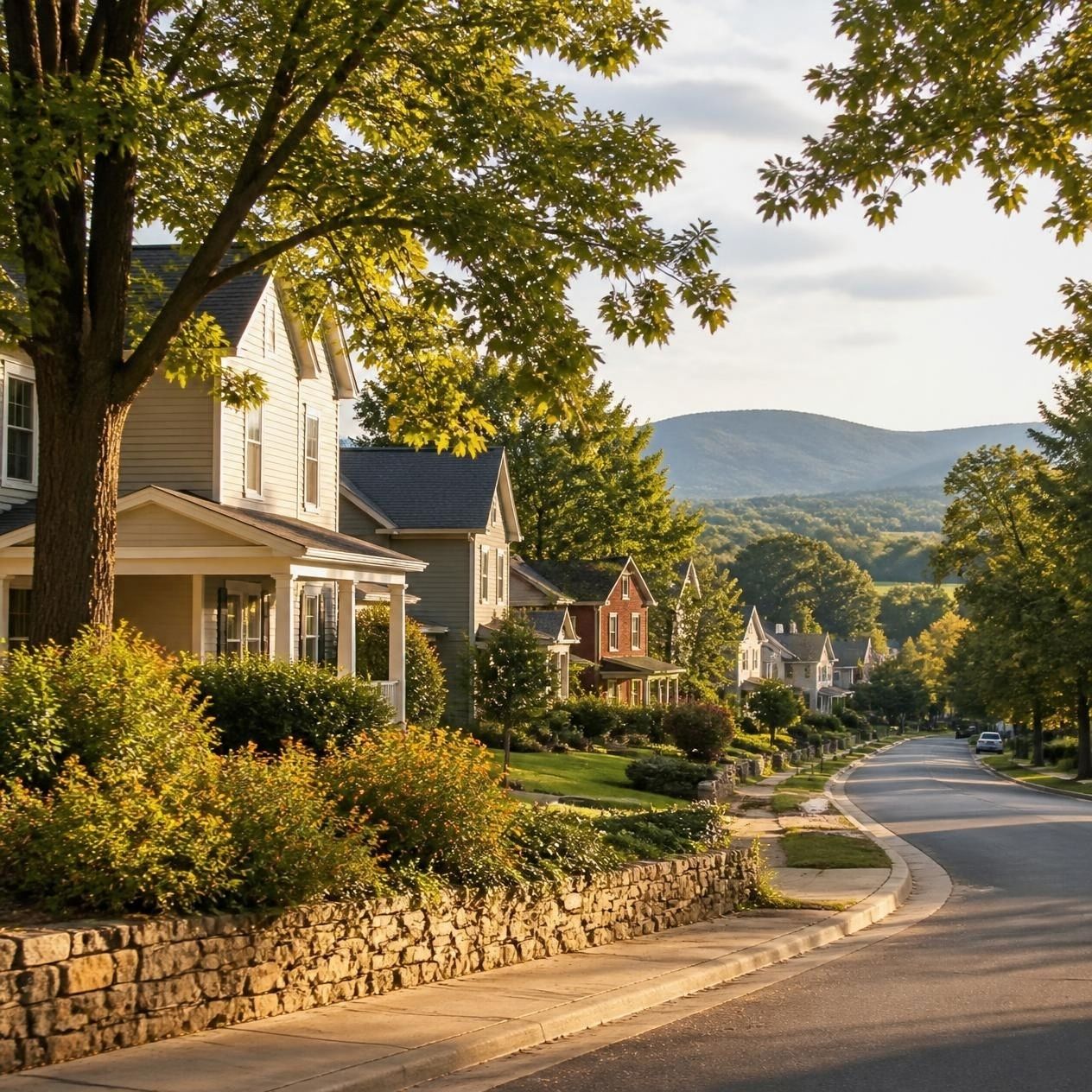 Residential street in the Shenandoah Valley representing the early stages of planning to buy a home.