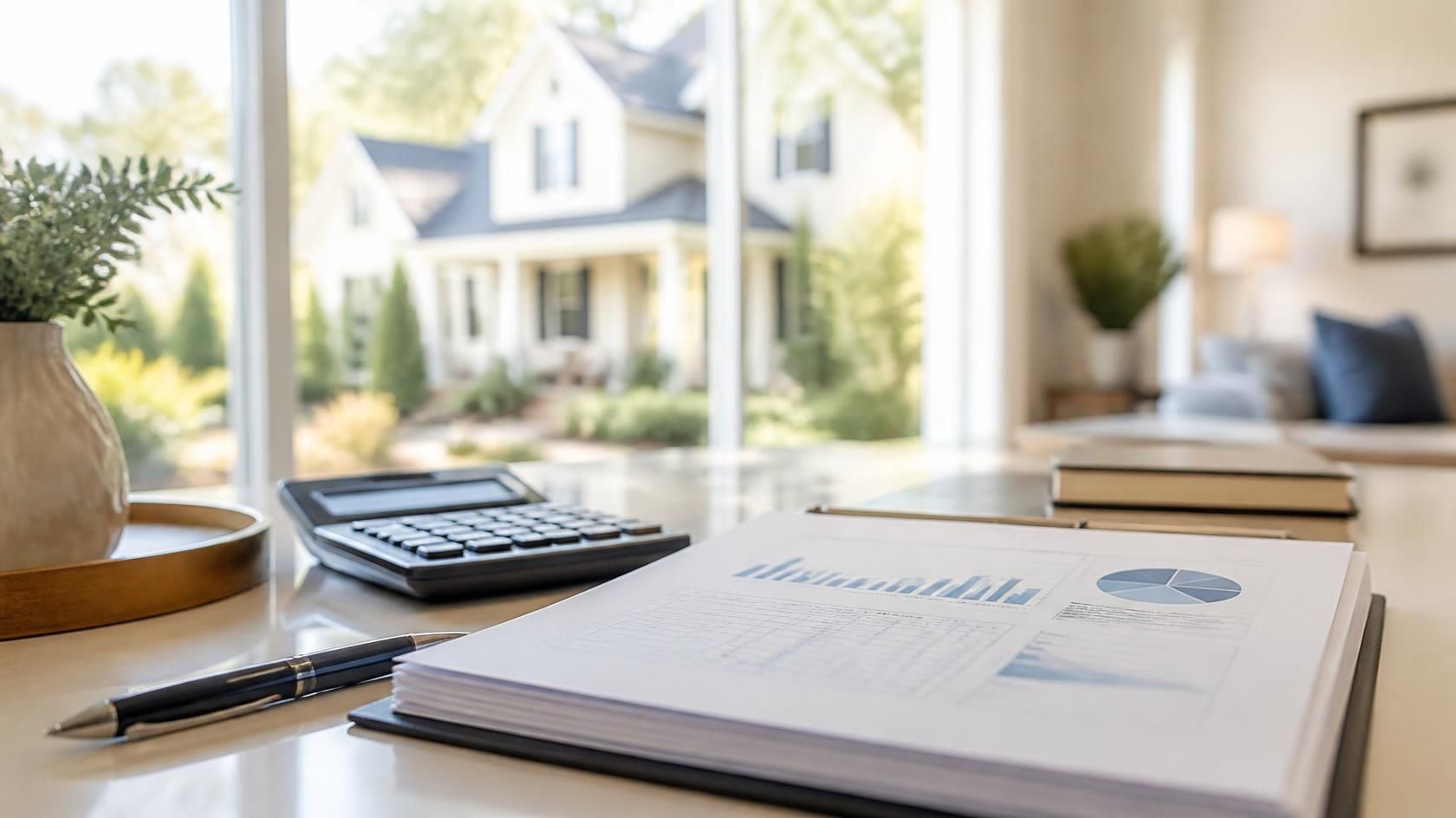 Home appraisal paperwork and calculator with a residential home in the background representing a low appraisal during a real estate transaction.