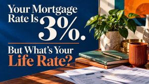 Editorial graphic reading "Your Mortgage Rate Is 3%. But What's Your Life Rate?" illustrating the importance of evaluating overall borrowing costs and home equity before deciding whether to move.