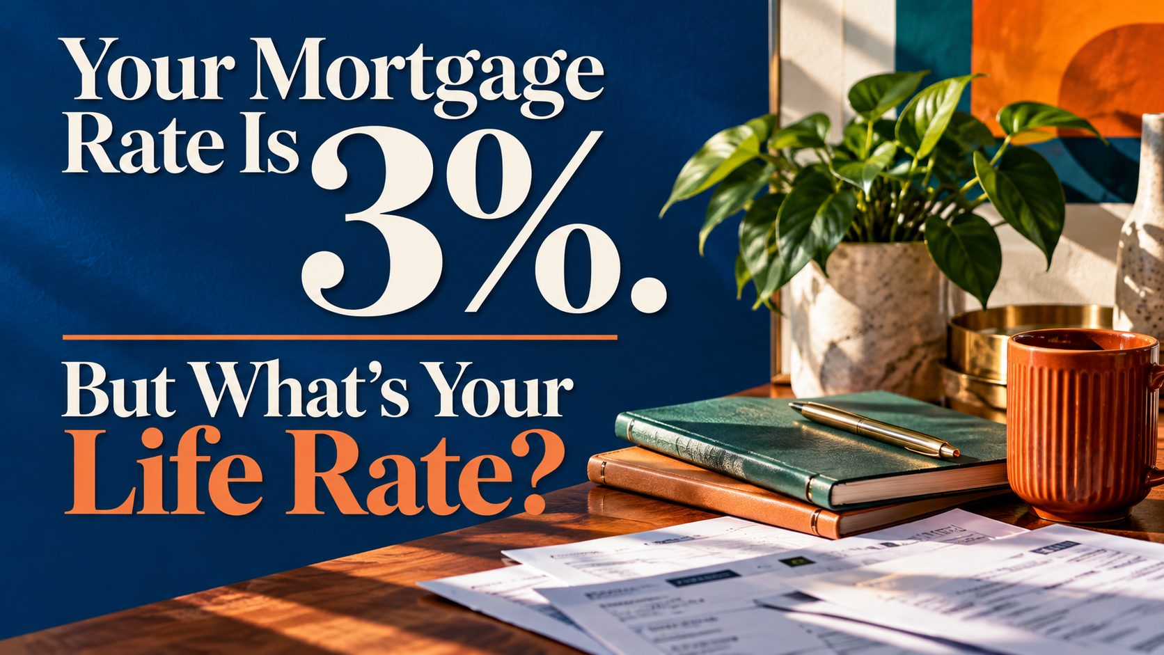Editorial graphic reading "Your Mortgage Rate Is 3%. But What's Your Life Rate?" illustrating the importance of evaluating overall borrowing costs and home equity before deciding whether to move.