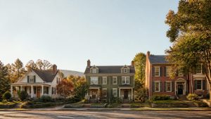 Residential investment properties including a single-family home, duplex, and townhouse illustrating different real estate investment opportunities.