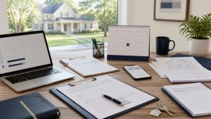 Real estate contract, calendar, inspection notes, financing documents and keys representing the work managed between going under contract and closing.