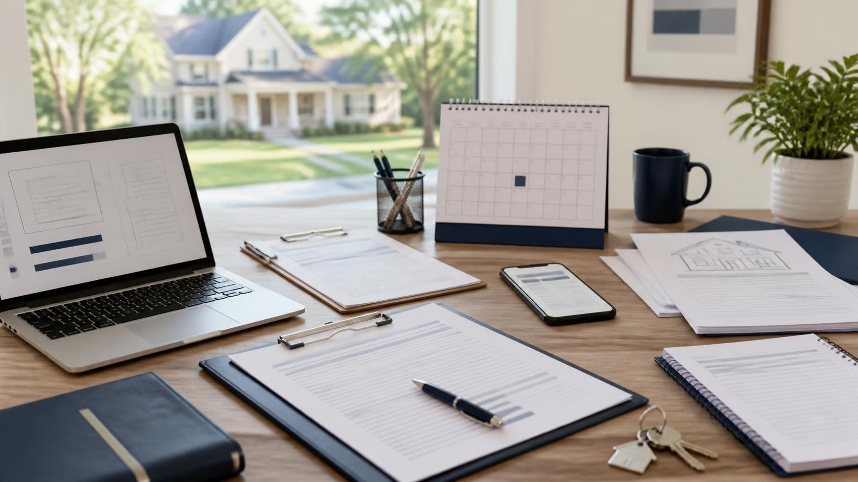 Real estate contract, calendar, inspection notes, financing documents and keys representing the work managed between going under contract and closing.