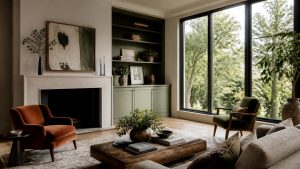 Inviting living room with sage-green accents, natural light, and an empty chair overlooking trees, illustrating the importance of finding a home that fits your lifestyle.