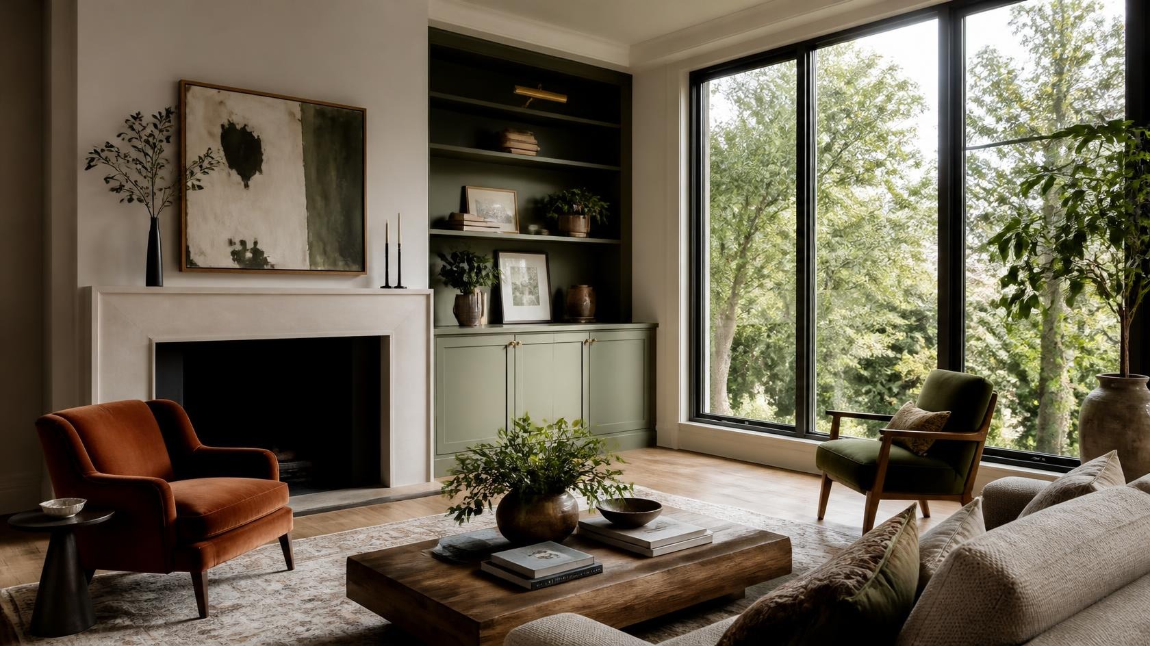 Inviting living room with sage-green accents, natural light, and an empty chair overlooking trees, illustrating the importance of finding a home that fits your lifestyle.