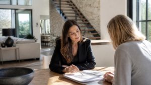 Real estate professional reviewing documents with a client during a home buying or selling consultation, illustrating the importance of professional expertise and verifying information.